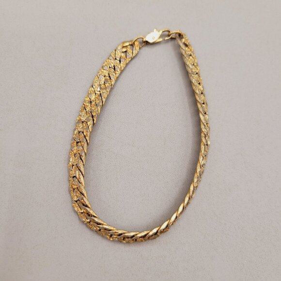 Flat Nugget Gold Tone Necklace and Bracelet Set Textured Links - Picture 3 of 7